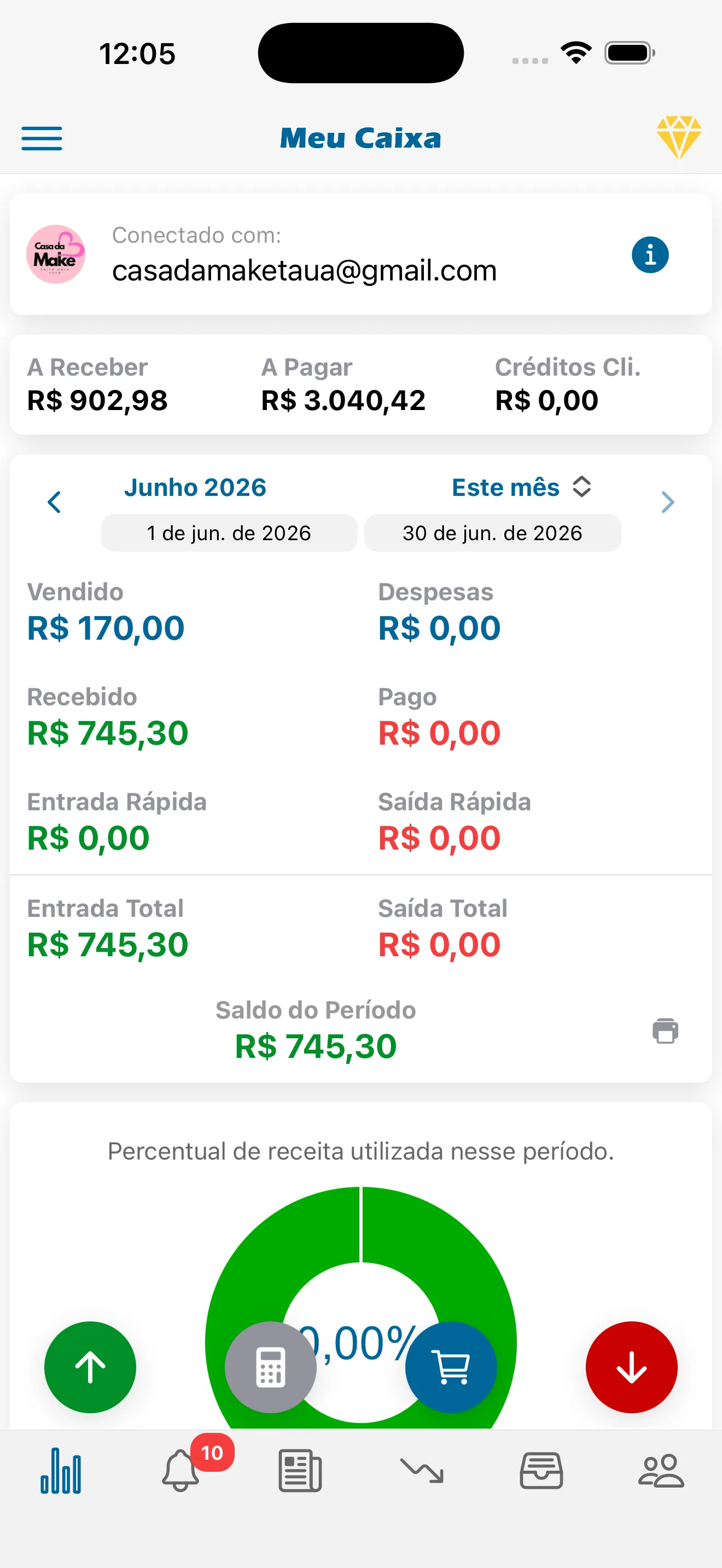 Tela do Meu Caixa: caixa e lançamentos no celular