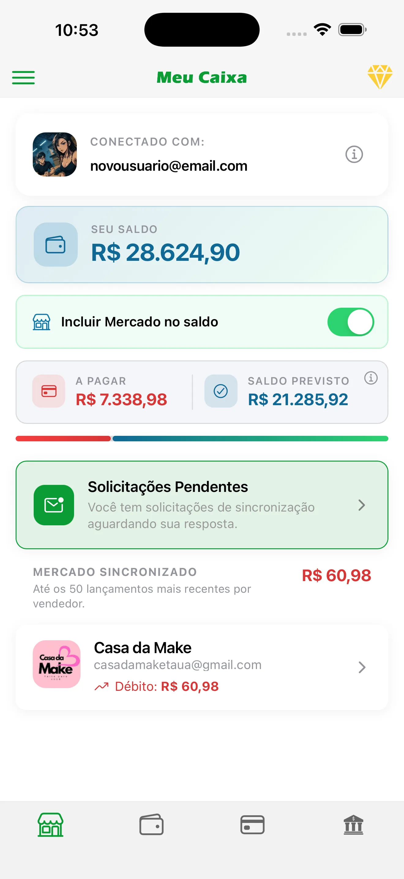 Tela do Meu Caixa Pessoal: mercado sincronizado no celular